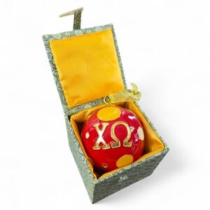 Kitty Keller Chi Omega Cloisonné Ornament Red/Gold Polka Dot Greek Licensed